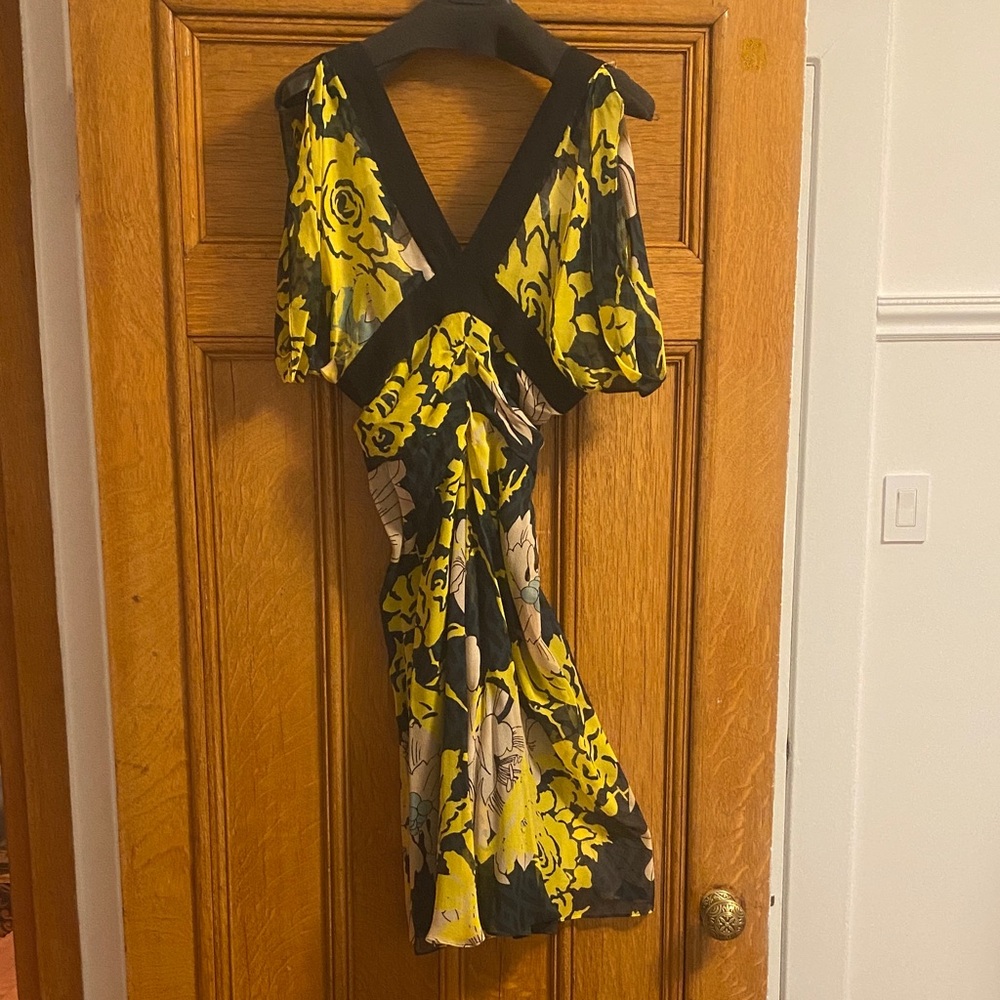 Diane Von Furstenberg Yellow and Black Floral Silk Mini Dress